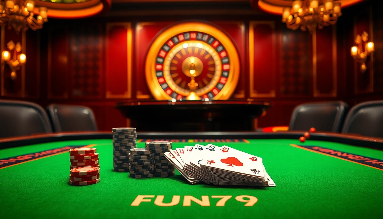 Engage in an exciting casino atmosphere with FUN79 poker, illuminated tables, and vibrant chips.