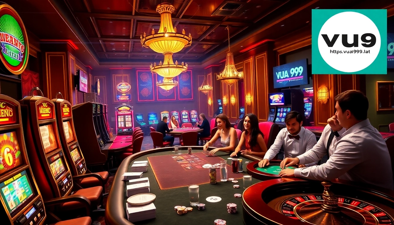 Experience thrilling gameplay at https://vua99.lat/ with vibrant casino visuals featuring spinning slot machines and poker chips.
