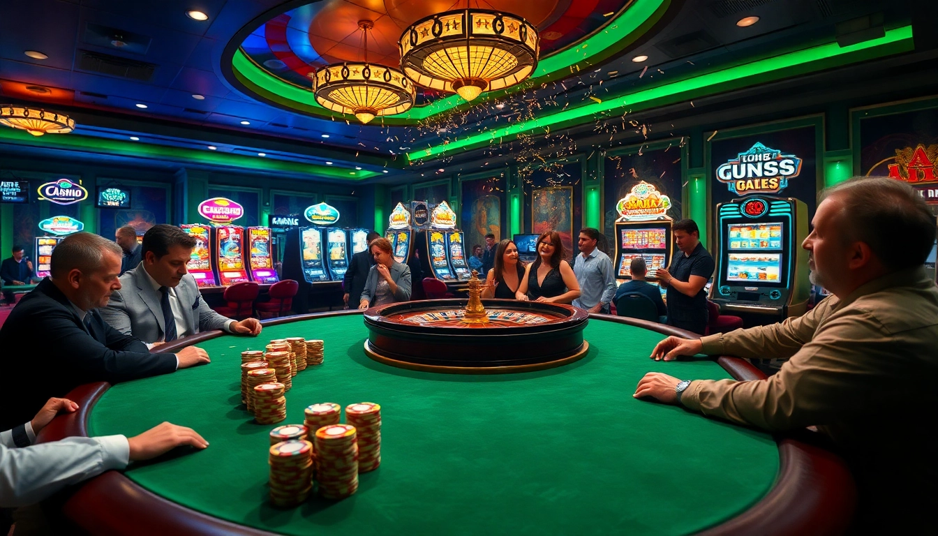 Gambling excitement with players enjoying poker and a spinning roulette wheel at uu88 casino.