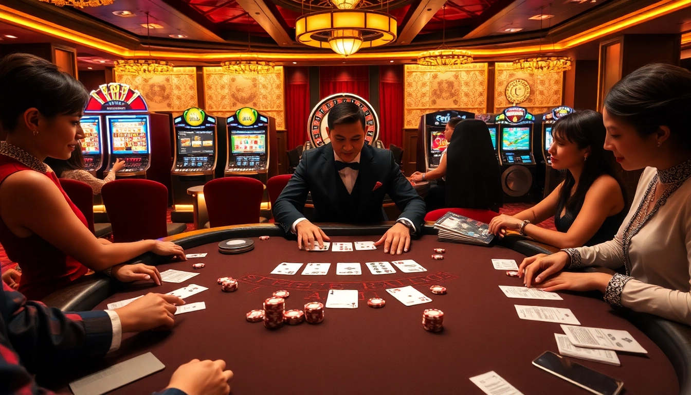 Players enjoying high-stakes blackjack at a luxurious casino, highlighting https://www.vvjl11.com/ excitement.