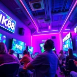 Experience the excitement of NK88 in a vibrant gaming lounge with players immersed in digital gaming.