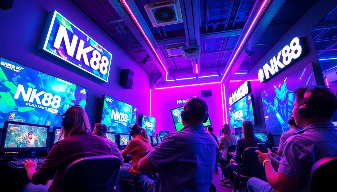 Experience the excitement of NK88 in a vibrant gaming lounge with players immersed in digital gaming.