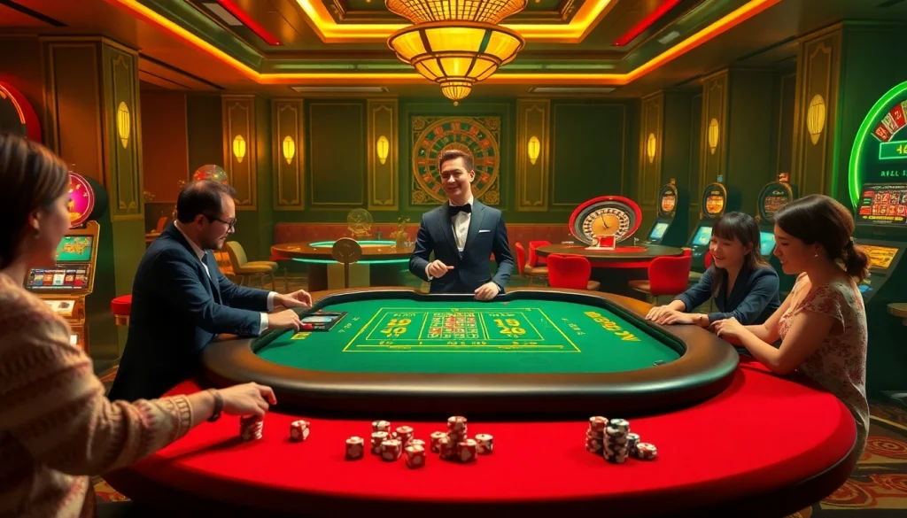 Engaged players enjoying Tài Xỉu MD5 in a vibrant casino setting, showcasing excitement and strategic gameplay.