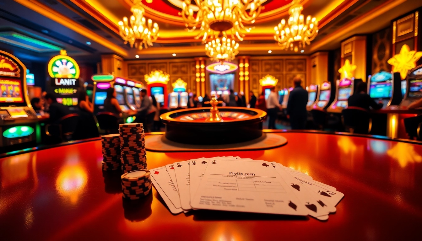 Experience high-stakes excitement at fly88fly.com with a vibrant casino scene featuring poker, roulette, and slots.