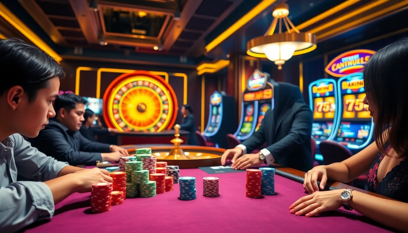 Players enjoying high-stakes poker at 23win.ryukyu casino under vibrant neon lights.