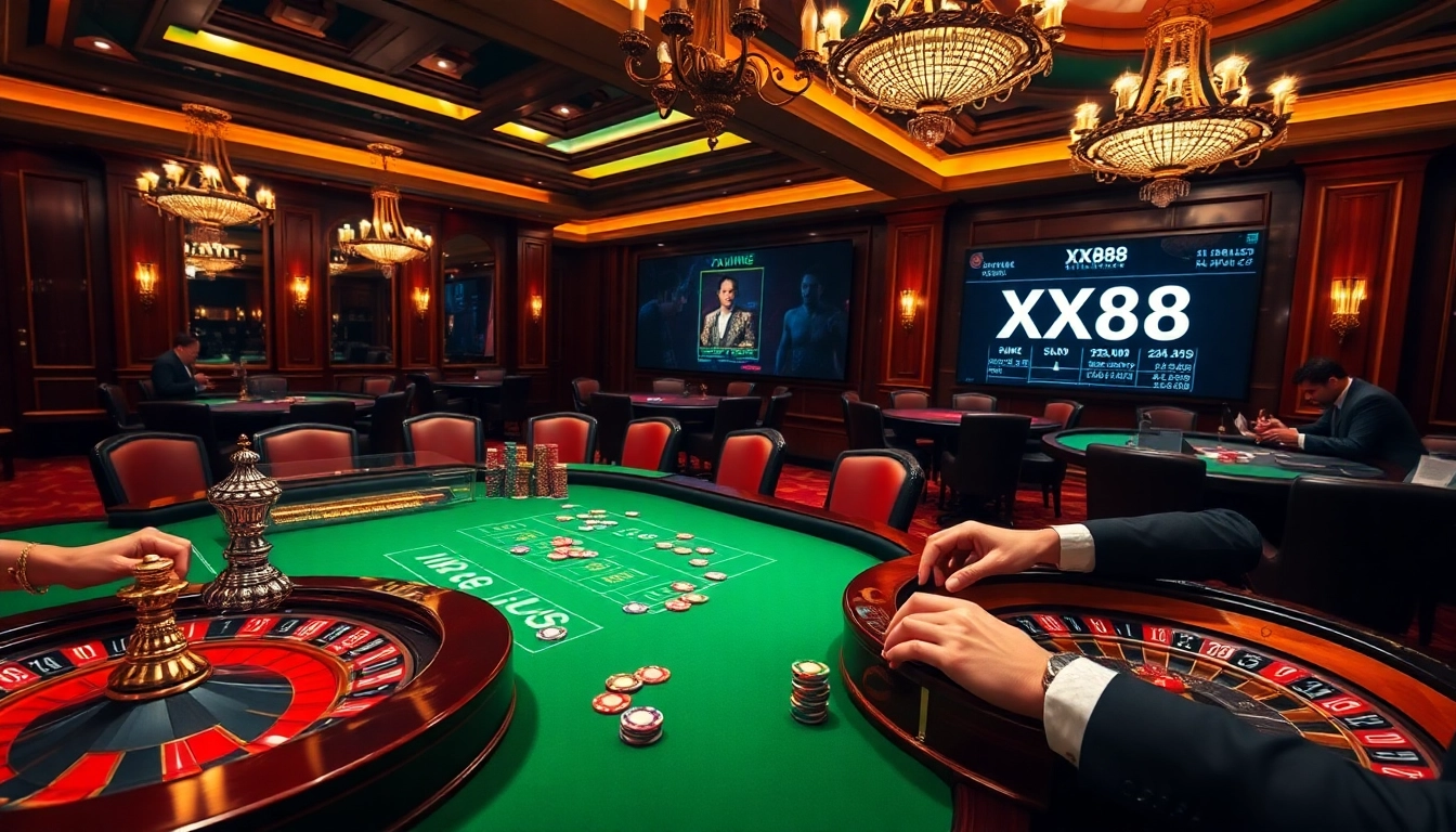 Players enjoy the thrill of XX88 at a luxurious casino table, showcasing excitement and vibrant betting action.