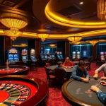 Excited players enjoying the luxurious gaming experience at 789CLUB casino with roulette and slot machines.