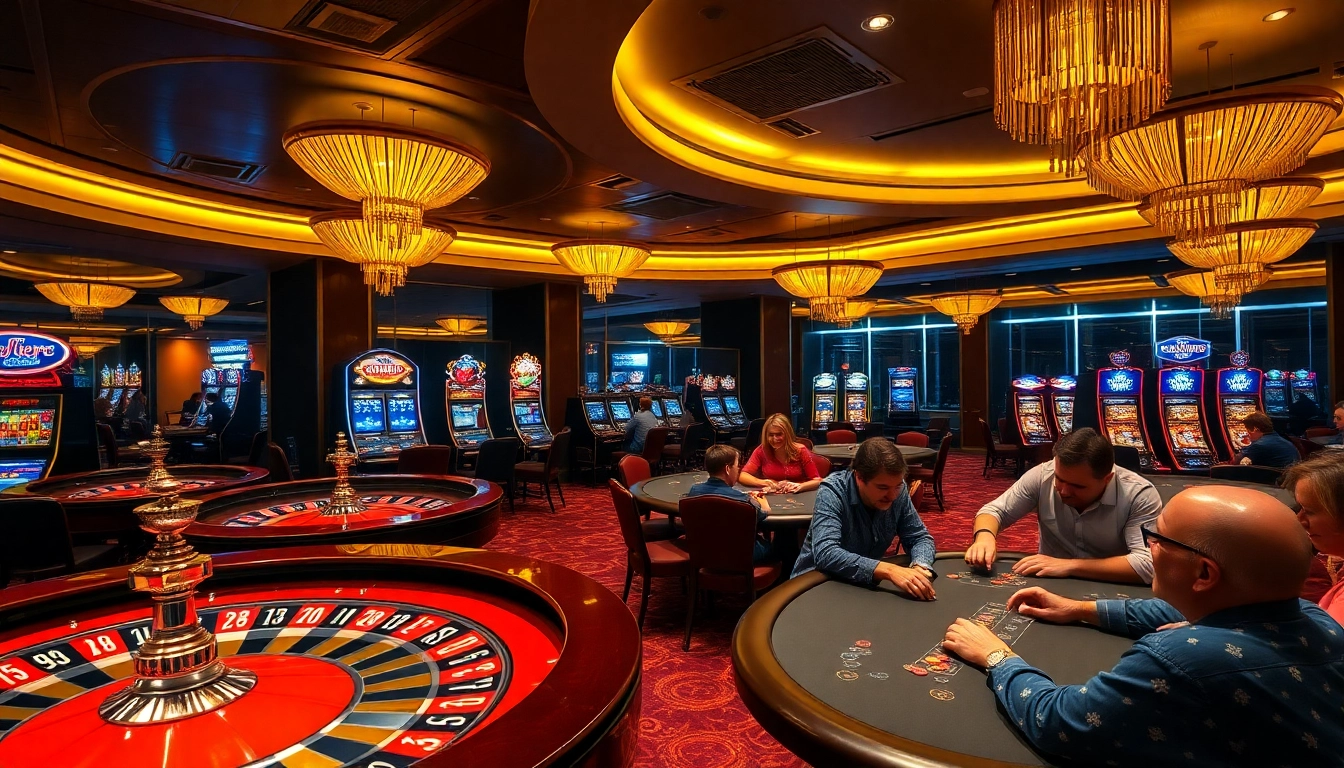 Excited players enjoying the luxurious gaming experience at 789CLUB casino with roulette and slot machines.