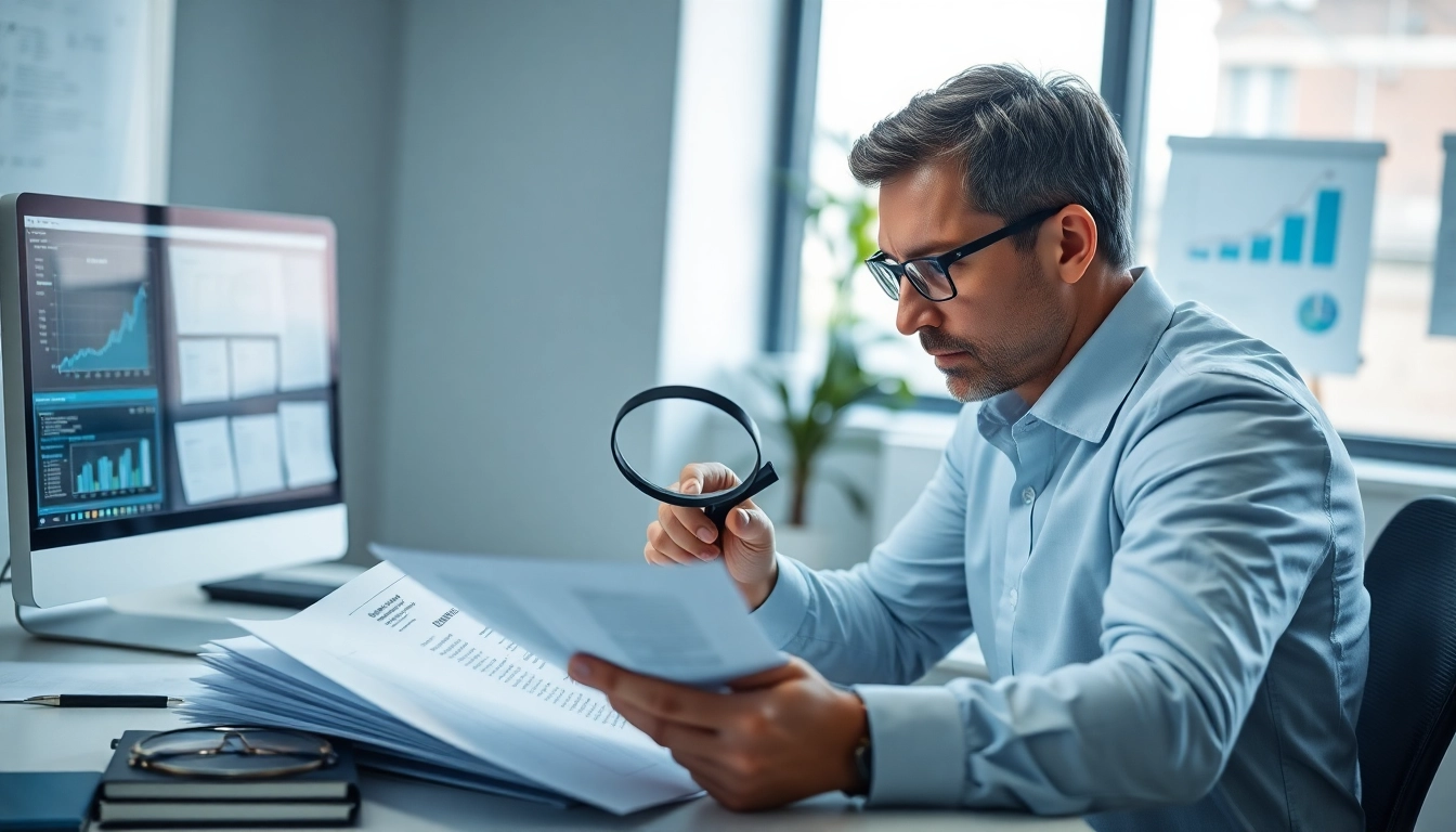Conducting background checks north carolina, investigator examining documents in a bright office.
