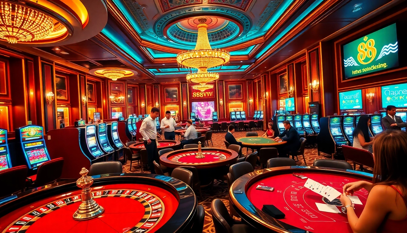Exciting gaming atmosphere at https://88vv.com.de/ with players engaging at poker tables and roulette wheels.