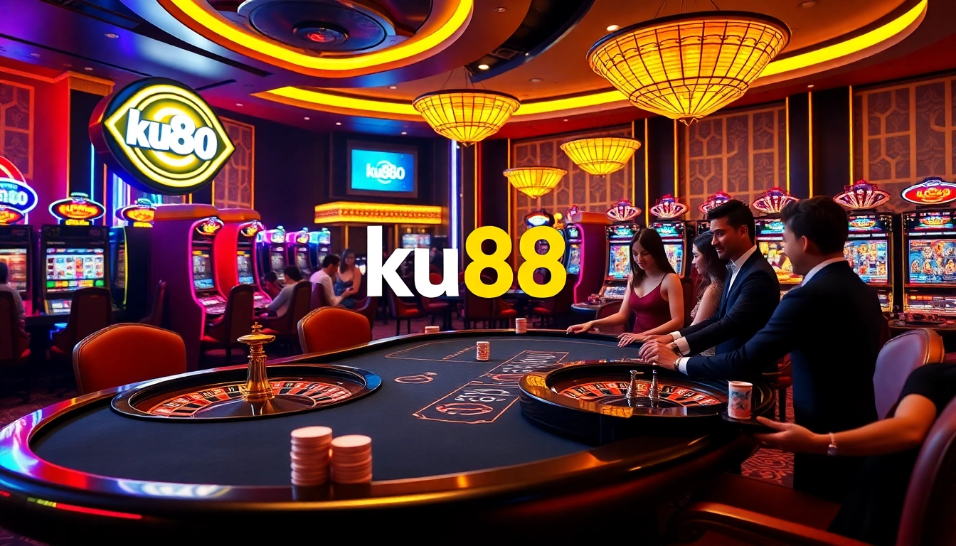 Experience the thrill of gambling at ku88's luxurious casino, featuring vibrant tables and high-stakes action.