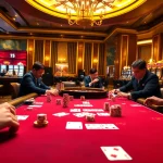 Players engaging in a thrilling poker game at FLY88 casino with vibrant tables and rich colors.