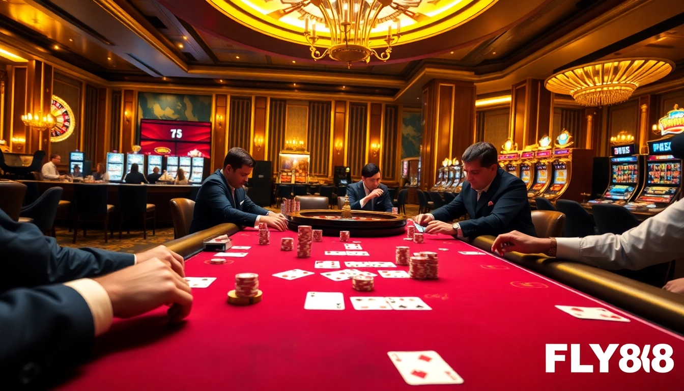 Players engaging in a thrilling poker game at FLY88 casino with vibrant tables and rich colors.