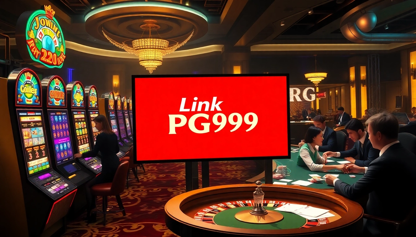 Experience the excitement of Link PG99 at a luxurious casino featuring vibrant slot machines, roulette, and high-stakes poker.