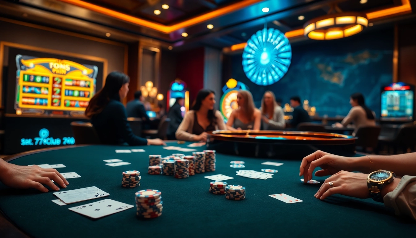 Experience the excitement of 789club with a luxurious casino scene featuring poker and slot machines.