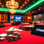 Experience the thrill of betting at 11win net with vibrant casino elements like poker chips and a roulette wheel.