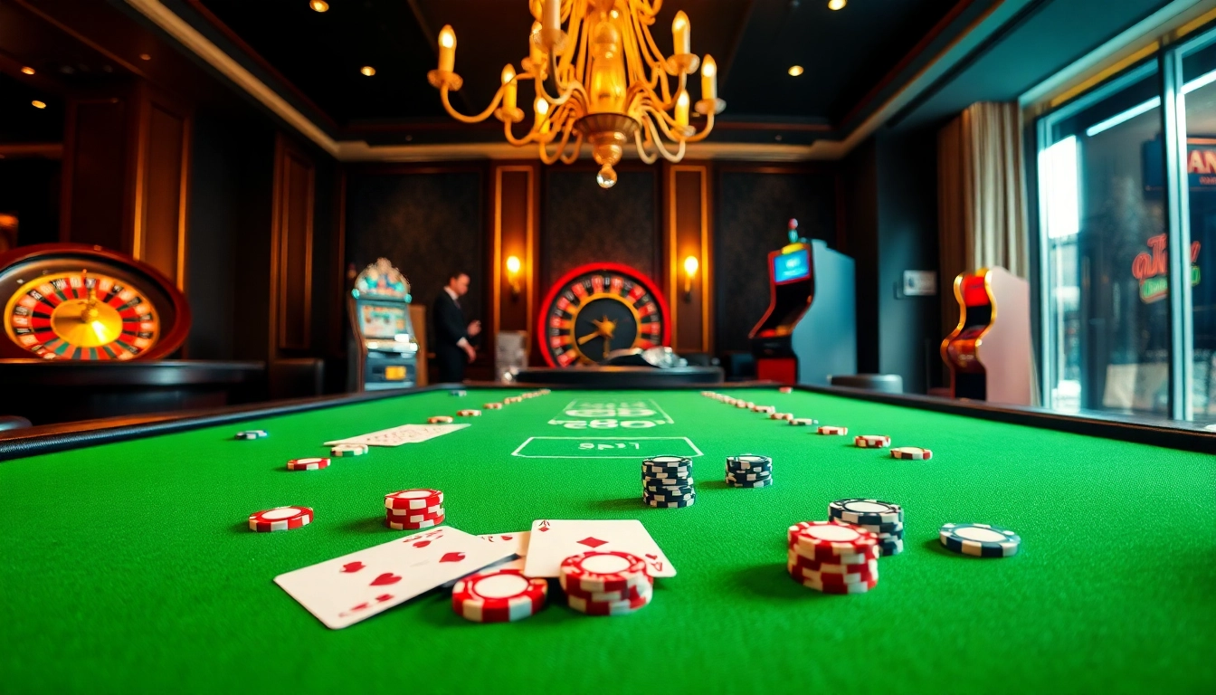 Experience an exciting RR88 casino atmosphere with vibrant tables, colorful chips, and thrilling games.