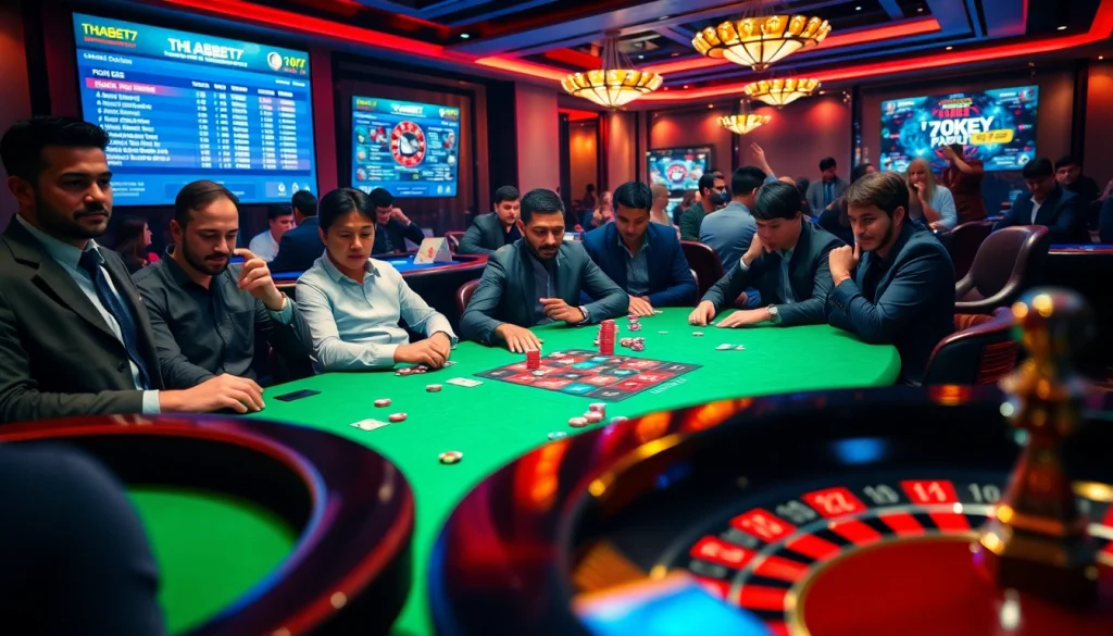 Exciting poker action at Thabet77 casino, showcasing players, chips, and a roulette wheel, highlighting the thrill of gambling.