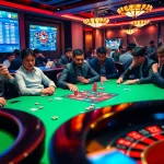 Exciting poker action at Thabet77 casino, showcasing players, chips, and a roulette wheel, highlighting the thrill of gambling.