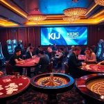 KJC brands lively casino gaming atmosphere with poker and roulette excitement.