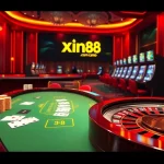 Experience high-stakes gaming at xin88 com with an exciting casino scene showcasing tables and slot machines.