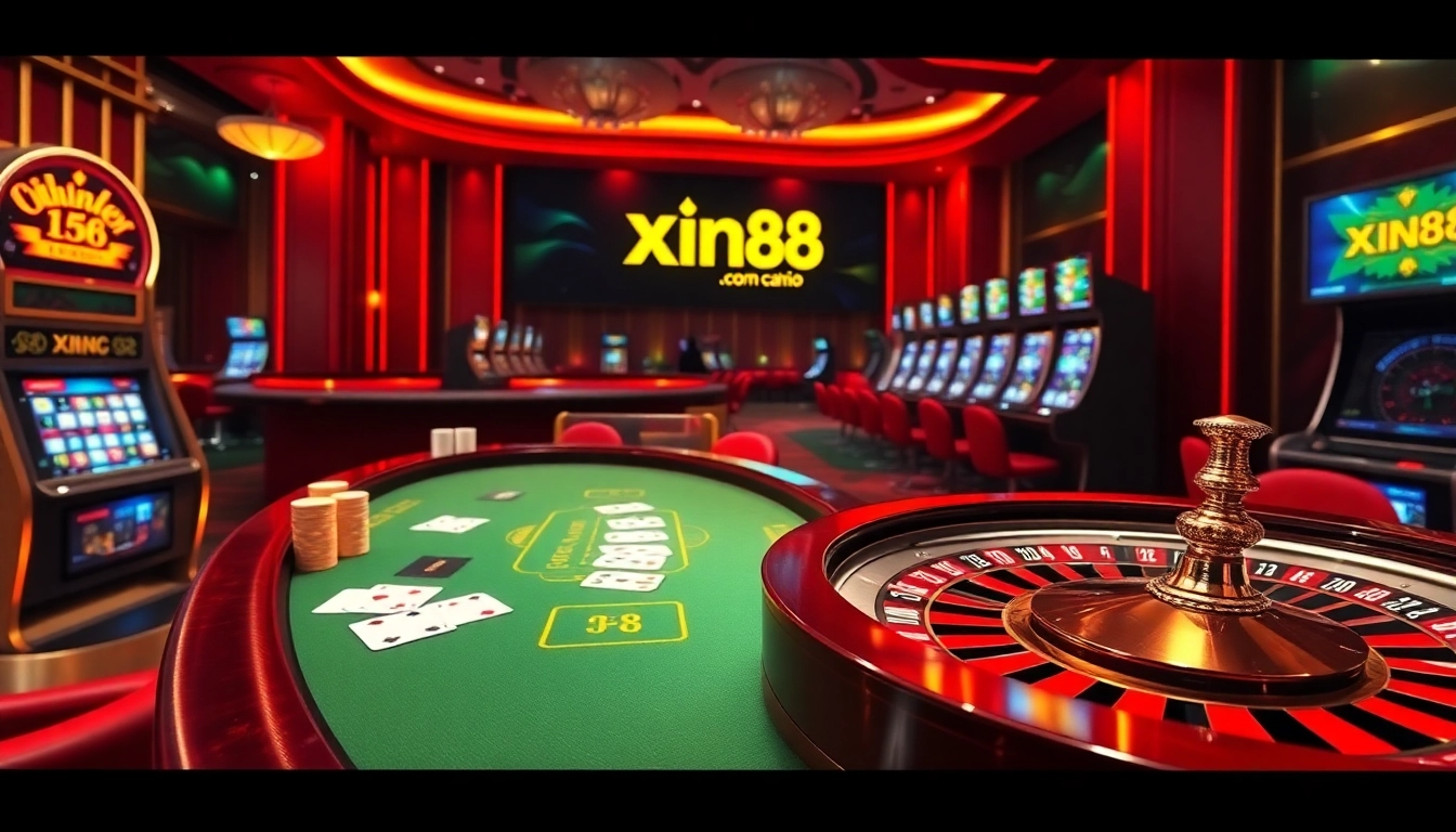 Experience high-stakes gaming at xin88 com with an exciting casino scene showcasing tables and slot machines.