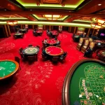 Players enjoying high-stakes poker at U888's vibrant casino floor with luxurious slot machines.