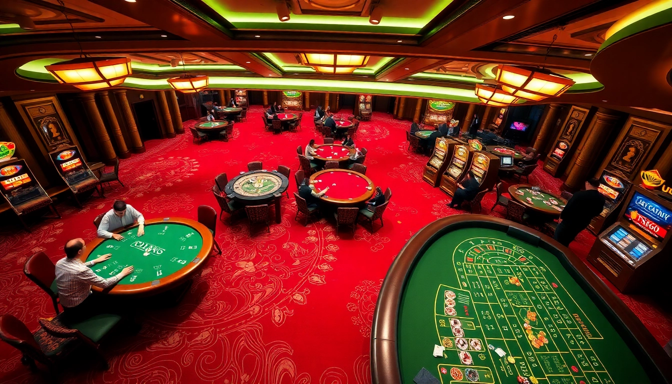 Players enjoying high-stakes poker at U888's vibrant casino floor with luxurious slot machines.