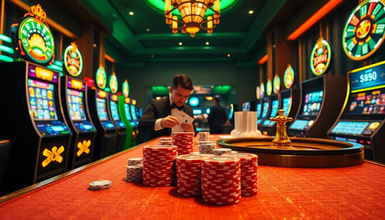 Experience the thrill of winning at https://sumvip.app/ with vibrant slot machines and a stylish dealer.