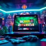 Exciting online gaming atmosphere featuring bk860s.com, showcasing sports memorabilia and a sleek laptop.