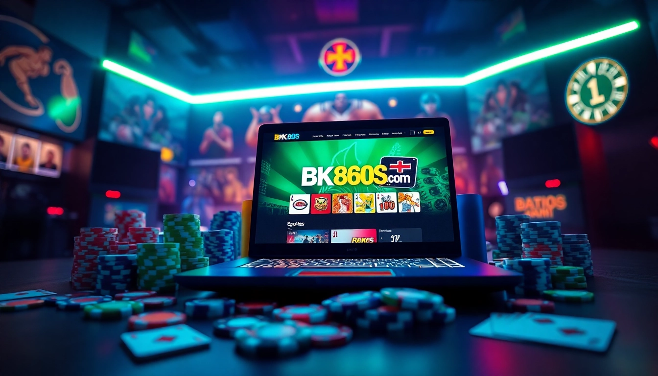 Exciting online gaming atmosphere featuring bk860s.com, showcasing sports memorabilia and a sleek laptop.