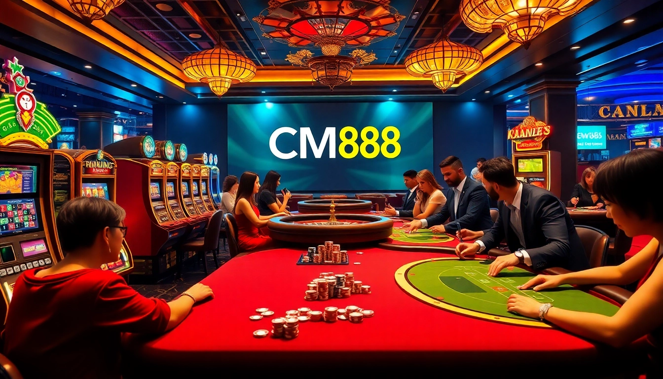 Enjoying thrilling casino games at CM88 with vibrant tables and slot machines.