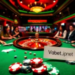 Players engage with a roulette table at vaobet.jp.net, showcasing chips and dice in a vibrant casino atmosphere.