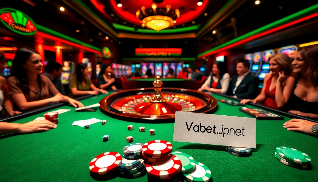 Players engage with a roulette table at vaobet.jp.net, showcasing chips and dice in a vibrant casino atmosphere.