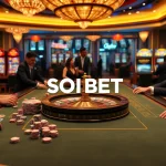 Gambling excitement at SOIBET casino with elegant tables and vibrant slot machines.