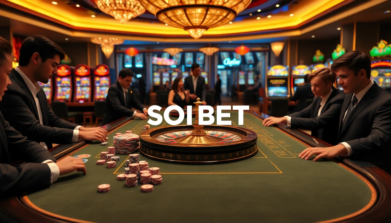 Gambling excitement at SOIBET casino with elegant tables and vibrant slot machines.