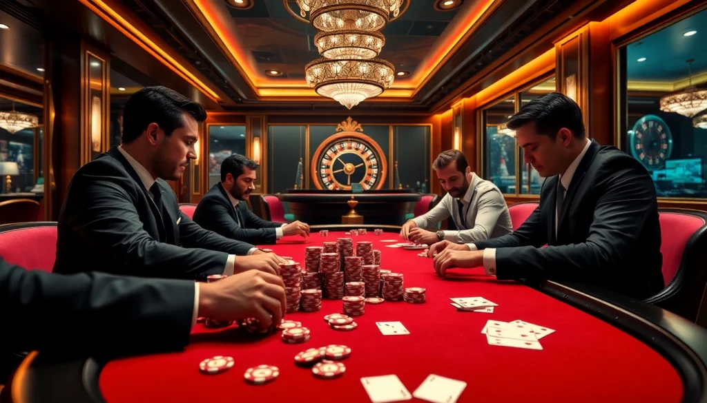 Players strategizing in a tense rr99 poker game at a luxury casino table.
