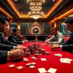 Players strategizing in a tense rr99 poker game at a luxury casino table.