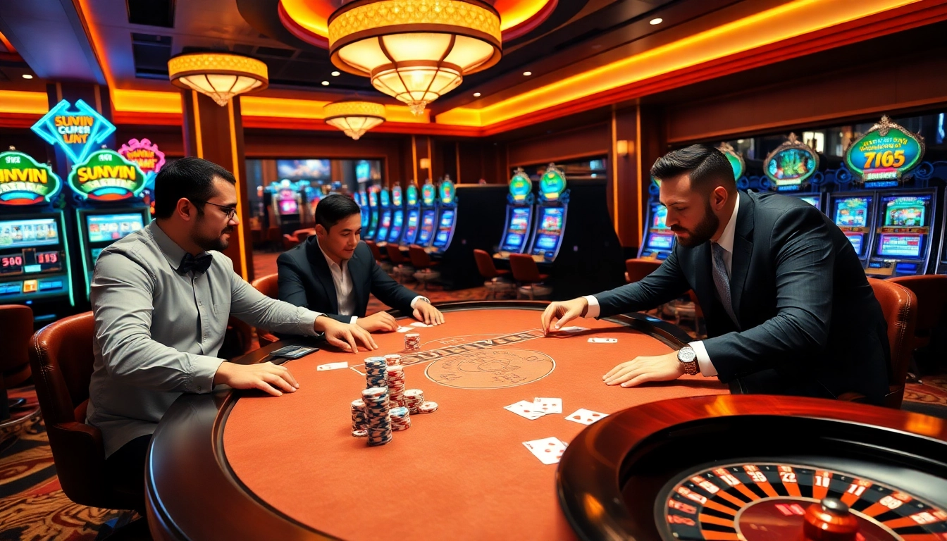 Exciting poker action with SUNWIN chips on a vibrant casino table.