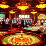 Experience the thrill of GG88 with players enjoying poker and roulette in a dazzling casino.