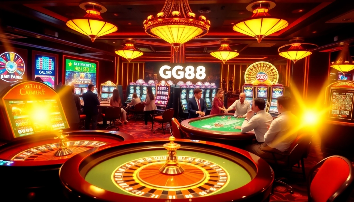 Experience the thrill of GG88 with players enjoying poker and roulette in a dazzling casino.