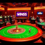 Players enjoy an exciting game at WIN55 casino, surrounded by vibrant gambling elements.