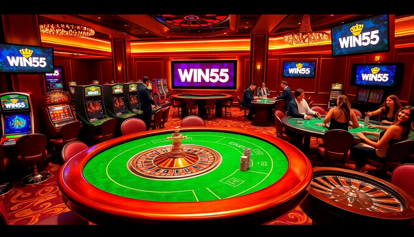 Players enjoy an exciting game at WIN55 casino, surrounded by vibrant gambling elements.