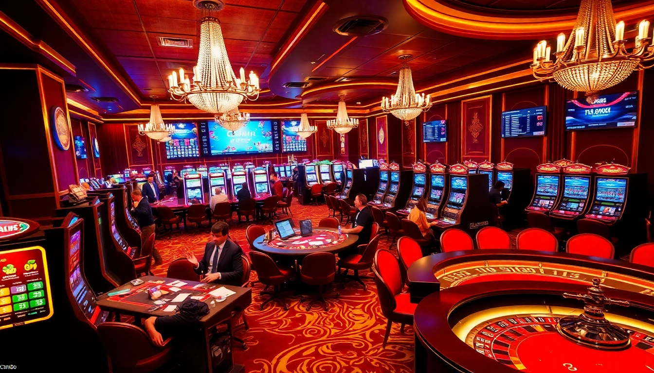 Excited players enjoying the thrilling atmosphere of CM88 casino games with vibrant slot machines.