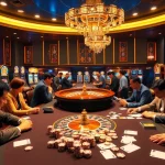 lu88 casino patrons enjoying gaming; roulette wheel, poker table, vibrant atmosphere.