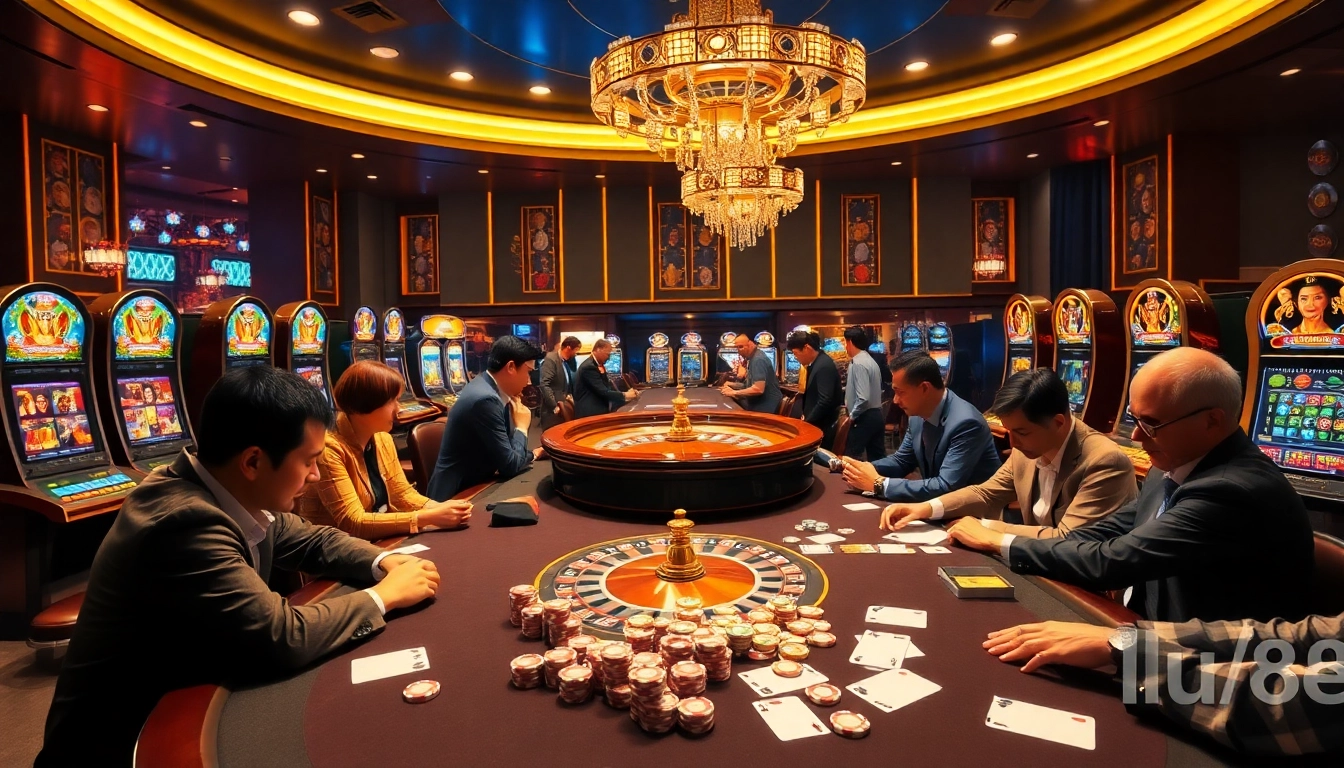 lu88 casino patrons enjoying gaming; roulette wheel, poker table, vibrant atmosphere.