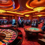 Kuwin casino excitement with spinning roulette and players at poker tables.