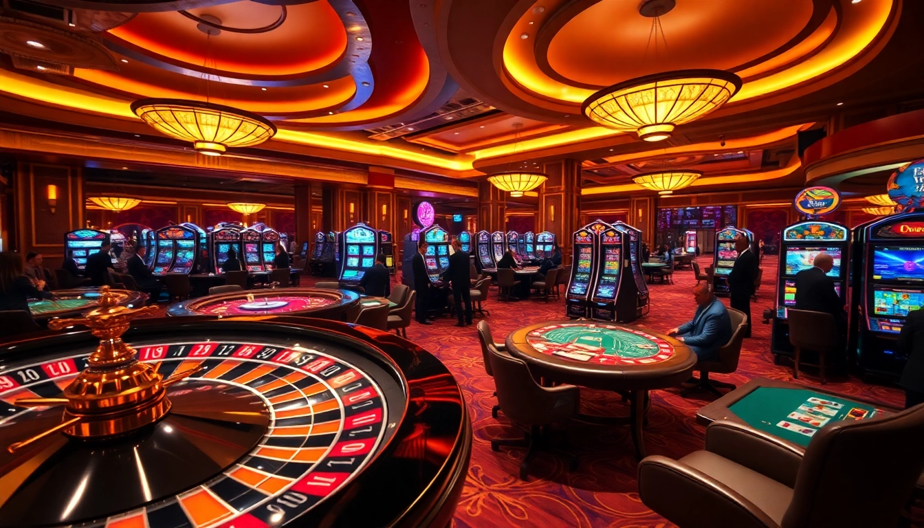 Kuwin casino excitement with spinning roulette and players at poker tables.