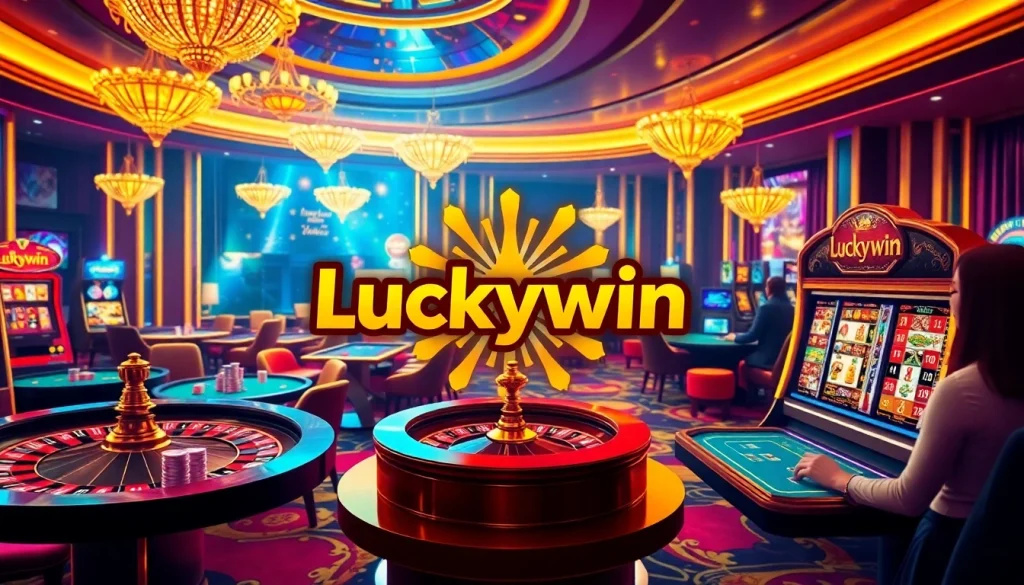 Exciting casino action at Luckywin with roulette, poker chips, and slot machines.