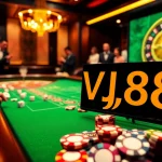 VJ88 casino scene showcasing exciting gameplay with dice rolling and poker chips.